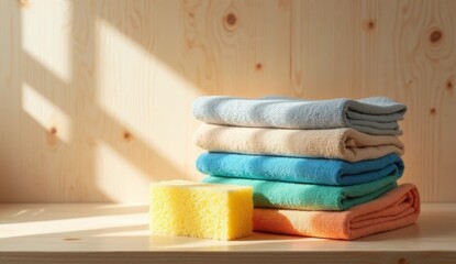 Stack of five neatly folded towels in gray, beige, blue, green, and orange on wooden surface, yellow bath sponge nearby, warm sunlight on wooden wall, cozy clean home scene, self-care
