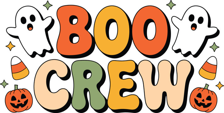 Boo Crew Halloween Text with Ghosts and Pumpkins lettering