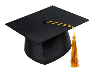 Black Graduation Cap with Gold Tassel, Top-Down View, isolated on transparent background