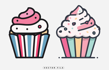 Colorful cartoon cupcakes with frosting and sprinkles on white background