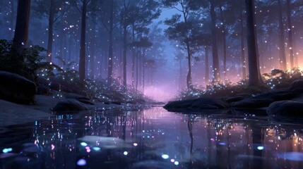 A misty forest stream reflects glowing fireflies under a twilight sky, creating a magical, serene night scene in nature.