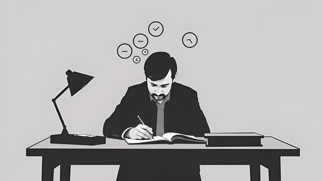 A writer at a desk, deep in thought, with the act of writing symbolizing the externalization of personal experience, a theme central to phenomenology