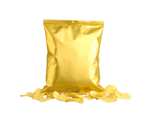  Crumpled Yellow Chips Bag Beside Scattered Potato Chips, Side View, Isolated