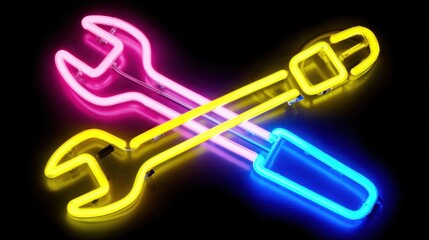 Vibrant Neon Tools Sign Featuring a Wrench and Screwdriver on a Dark Background for Repair and Maintenance Themes