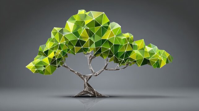 Abstract geometric tree design with green leaves and a metallic trunk in a modern artistic style - Powered by Adobe