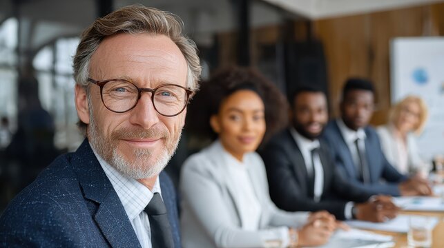 male mature caucasian ceo businessman leader with diverse coworkers team executive managers group at meeting multicultural professional businesspeople working together on research plan in boardroom n
