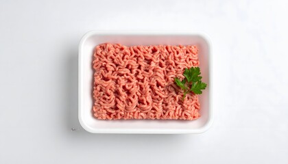 Fresh ground meat in a white tray with a sprig of parsley, top-down view