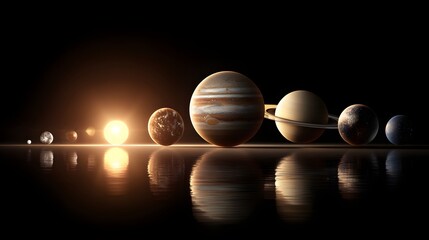 Solar system planets arranged in size order, reflected in a calm body of water.