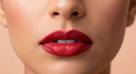 Fototapeta premium Close up sensual woman lips with perfect red matte lipstick biting lower lip smooth complexion flawless skin, feminine facial beauty, seductive sensual makeup trend minimal background