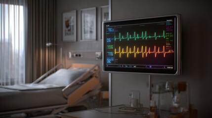 Fototapeta premium Medical Monitor Displaying Heart Rate and Vital Signs in Modern Hospital Room Setting