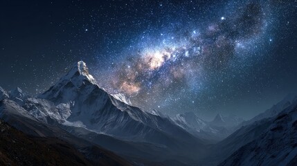 A stunning view of the Milky Way galaxy shining brightly over a snow-capped Himalayan mountain range under a dark night sky.