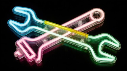Colorful Neon Wrenches Crossed on Black Background with Bright Reflection and Modern Style Aesthetic