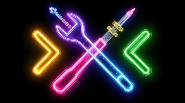 Colorful Neon Repair Tools Design with Wrench and Screwdriver for DIY and Engineering Themes