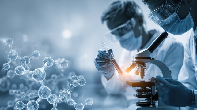 science chemistry technology biology and people concept  young scientists with test tube and microscope making research in clinical laboratory over blue molecular structure background no logos no bra