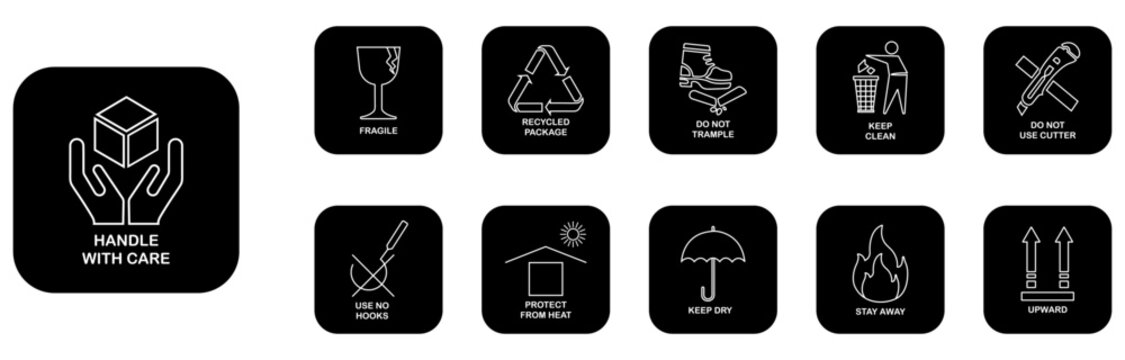 Set of fragile package icons in black color isolated on white background. Fragile packaging icons collection. Fragile package and handling icons. Handle with care, keep clean, keep dry, stay away