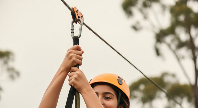 Joyful adventurous girl rides zipline wearing orange helmet, gripping safety harness tightly, outdoor activity with trees in background, excitement and courage on her face - Powered by Adobe