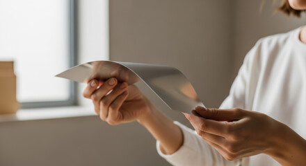 Closeup of woman's hands examining lightweight flexible metal sheet near window in minimalist modern interior contemporary technology material concept with natural daylight