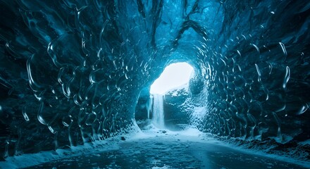 Fototapeta premium Interior View of an Ice Cave with Waterfall in Iceland