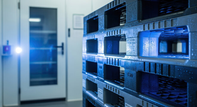 Stack of blue plastic pallets stored in brightly lit clean warehouse room with secured doors reflecting industrial logistics and supply chain concepts