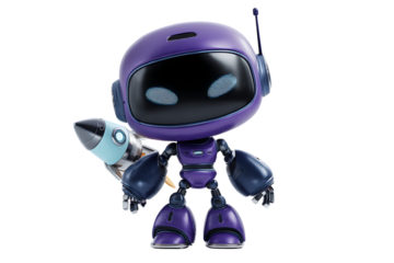 Cute purple robot with rocket.