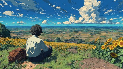 Fototapeta premium Person sits amidst sunflowers, panoramic view