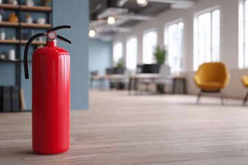 Fototapeta premium A red fire extinguisher sits on a wooden floor in a room