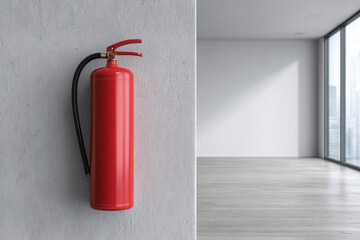 Fototapeta premium A red fire extinguisher is mounted on a wall