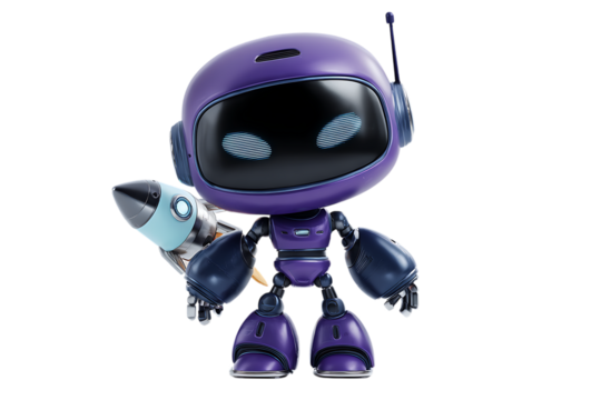 Cute purple robot with rocket.