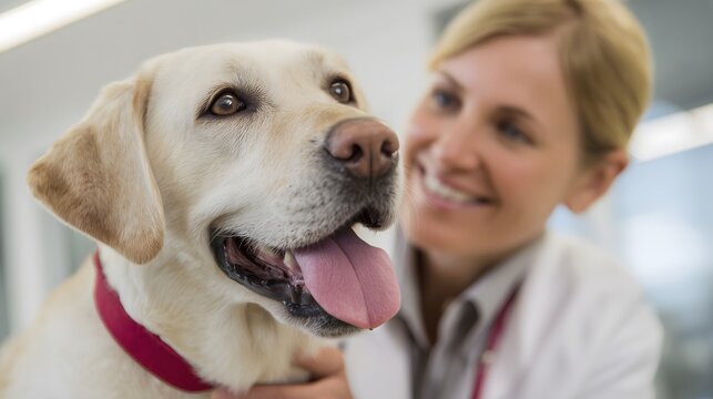 Happy Labrador dog with veterinarian smiling in background, symbolizing pet care, veterinary services, animal health, love, trust, and compassionate veterinary support for pets