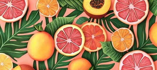 Vibrant tropical background featuring a variety of fruits and flowers.