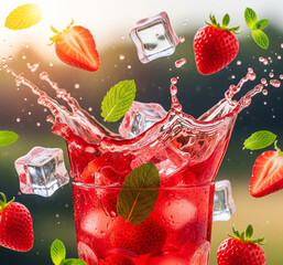 Vibrant strawberry juice with ice cubes, captured mid-splash with strawberries and mint leaves flying through water