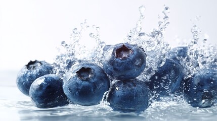 Blueberries splashing into water, showing their juicy and fresh texture with vibrant blue color.