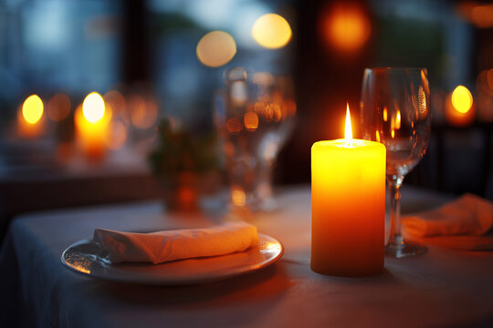 A candle is lit on a table with a white napkin and a plate