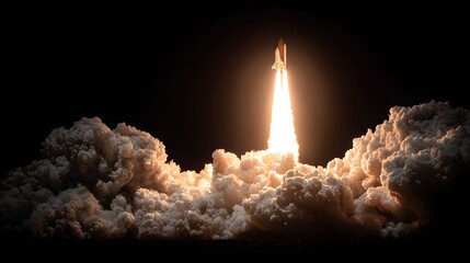 A space shuttle launches into the night sky.
