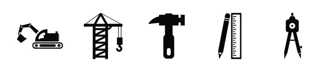 Engineering mono icon set. Set of tools, machinery and construction symbol - Vector 
