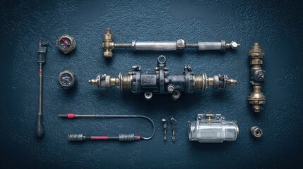 Detailed Assembly of Industrial Mechanical Components on Dark Textured Background