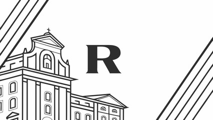 Illustration of a building with a cross on top and the letter r in the center on a white background