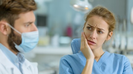 medicine dentistry and healthcare concept  female dentist talking to male patient complaining of toothache at dental clinic office no logos no brands ar 169