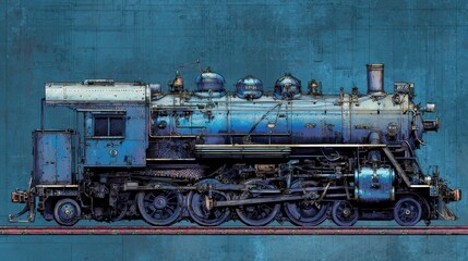 Obraz premium Vintage Steam Locomotive in Blue Hues with Intricate Details and Historical Charm