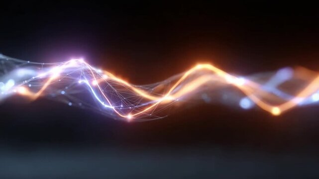 Dynamic Energy Stream: A visually captivating depiction of a dynamic energy stream, characterized by sinuous lines of vibrant orange and blue light dancing against a dark, textured backdrop.
