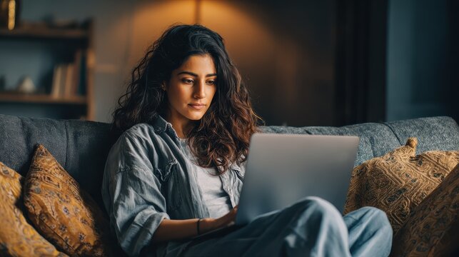 young adult indian professional woman college student remote distanced worker using laptop computer e learning technology working online at home office browsing web sitting on couch in living room no - Powered by Adobe