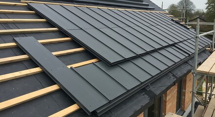 Obraz premium Modern Dark Grey Metal Roofing Panels Installed on New Building Construction Site