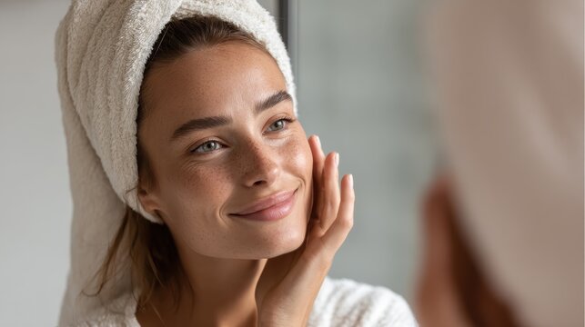 beauty skin care and people concept  smiling young woman in hairband touching her face and looking to mirror at home bathroom no logos no brands ar 169 - Powered by Adobe