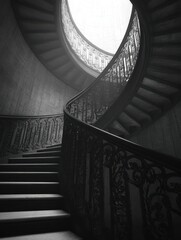 Obraz premium abstract view of a spiraling staircase with intricate railings leading upwards bathed in subtle light creating a mesmerizing architectural detail with monochrome elegance