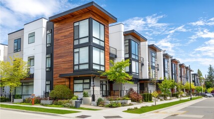 Fototapeta premium Modern Architectural Design of Stylish Townhomes with Large Windows and Green Landscape in Urban Setting