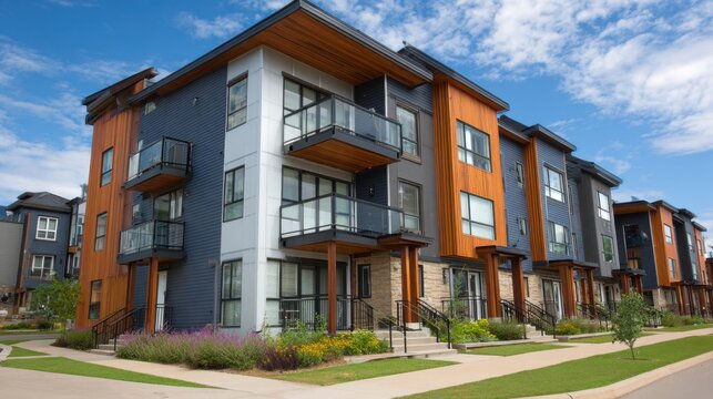 Modern residential apartment building with balconies and landscaped garden in suburban area under blue sky