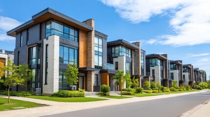 Fototapeta premium Modern Residential Architecture with Large Windows and Greenery in a Sunny Suburban Neighborhood