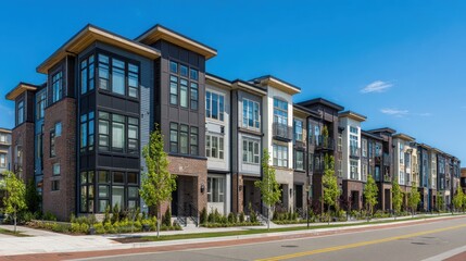 Fototapeta premium Modern Urban Townhouses with Bold Architecture and Clear Blue Sky in a Residential Neighborhood Setting