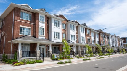 Fototapeta premium Modern Residential Townhouses in Suburban Neighborhood with Blue Sky and Green Landscape