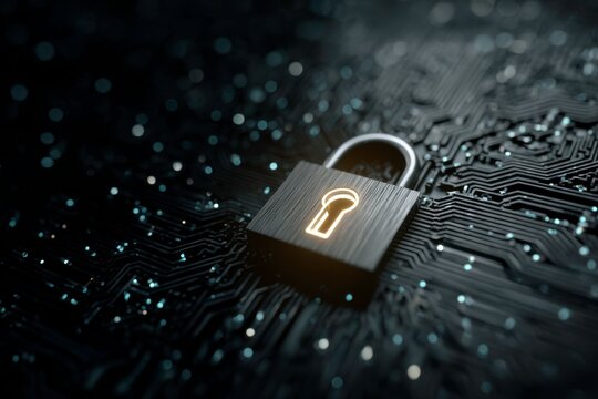 black padlock on black circuit board - Powered by Adobe